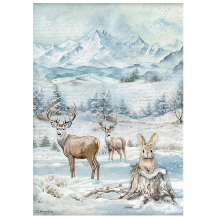 Papier ryżowy Stamperia A4 z motywem zimowej scenki ze zwierzątkami: jelenie, zajączek.  Idealny do decoupage. Kod producenta DFSA41055.