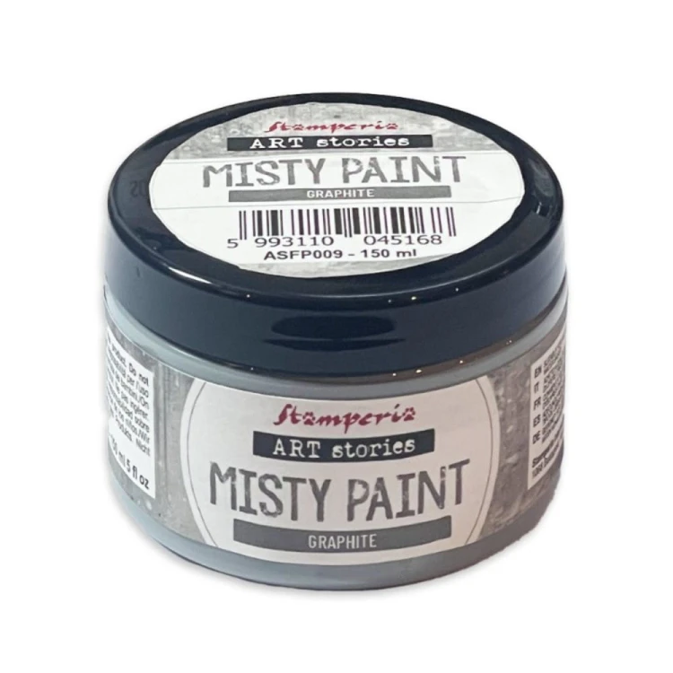 Farba akrylowa Misty Paint marki Stamperia 150ml, kolor Graphite. Idealna do tworzenia efektów przenikania, rozmycia i subtelnych przejść tonalnych za pomocą wody. Sprawdzi się technikach mixedmedia, decoupage, DIY.