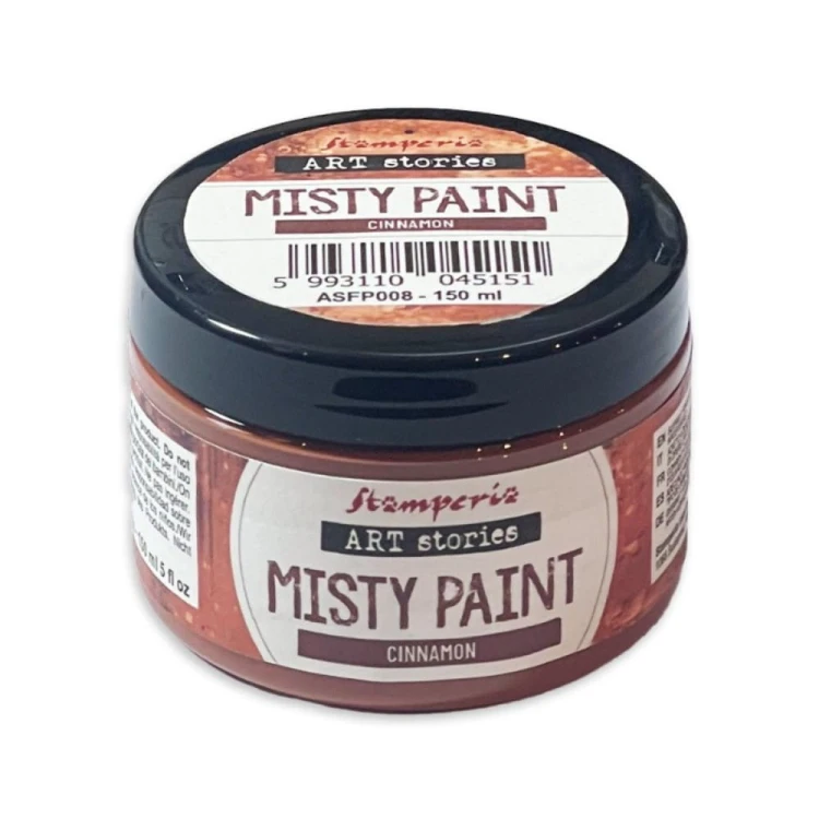 Farba akrylowa Misty Paint marki Stamperia 150ml, kolor Cinnamon. Idealna do tworzenia efektów przenikania, rozmycia i subtelnych przejść tonalnych za pomocą wody. Sprawdzi się technikach mixedmedia, decoupage, DIY.