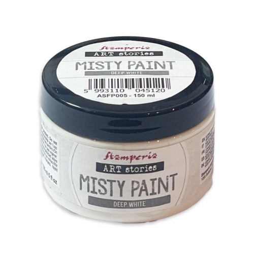 Farba akrylowa Misty Paint marki Stamperia 150ml, kolor Deep White. Idealna do tworzenia efektów przenikania, rozmycia i subtelnych przejść tonalnych za pomocą wody. Sprawdzi się technikach mixedmedia, decoupage, DIY.