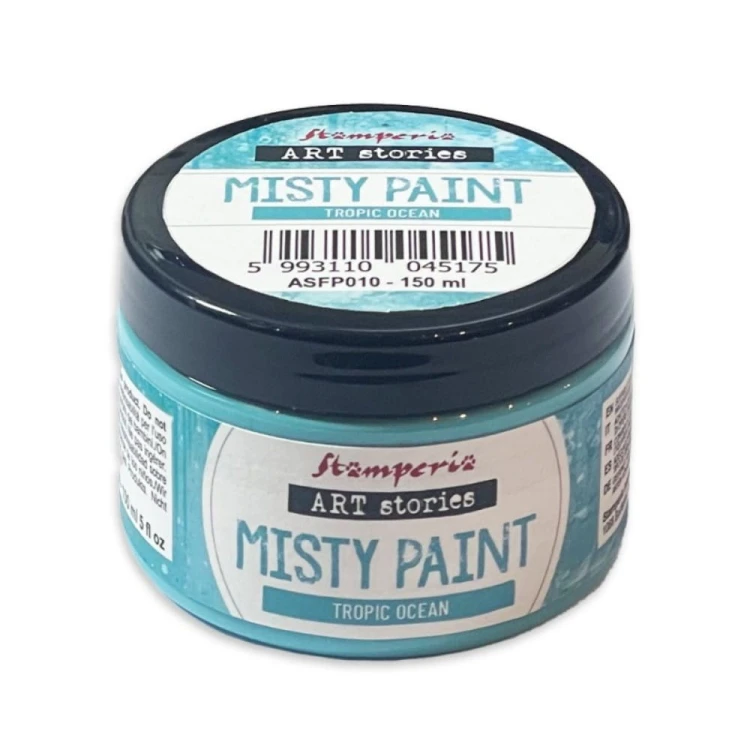 Farba akrylowa Misty Paint marki Stamperia 150ml, kolor Tropic Ocean. Idealna do tworzenia efektów przenikania, rozmycia i subtelnych przejść tonalnych za pomocą wody. Sprawdzi się technikach mixedmedia, decoupage, DIY.