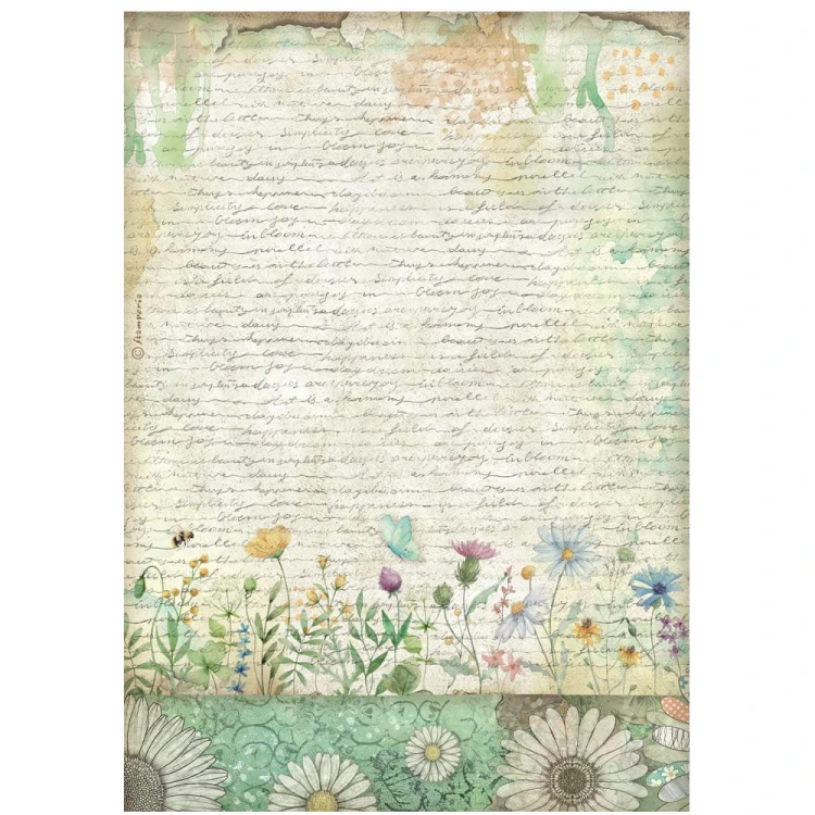 Papier ryżowy A4 "Daisy Art" - Tło z tekstem i kwiatami - Stamperia