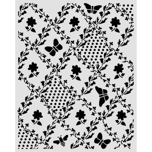 Szablon Stamepria z kolekcji Daisy Art, wymiary 20x25cm. Zawiera motyw kwiatków i motyli w ułożonych w kratce z listków. Wykonany z giętkiego, elastycznego, przeźroczystego poliestru. Idealny do decoupage,  mixmedia, scrapbookingu. Kod producenta  KSTD198
