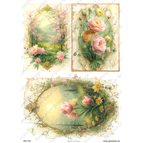 Papier ryżowy format A4 marki mariviriDesign. Zawiera trzy malarskie ilustracje z kwiatami i pejzażem. Idealny do decoupage i projektów DIY. Kod wzoru R41128.
