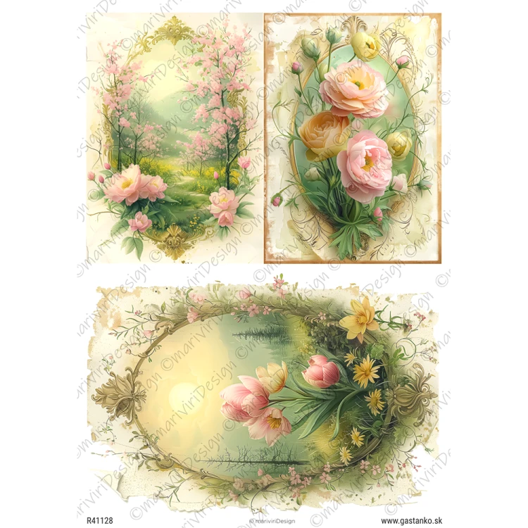 Papier ryżowy format A4 marki mariviriDesign. Zawiera trzy malarskie ilustracje z kwiatami i pejzażem. Idealny do decoupage i projektów DIY. Kod wzoru R41128.