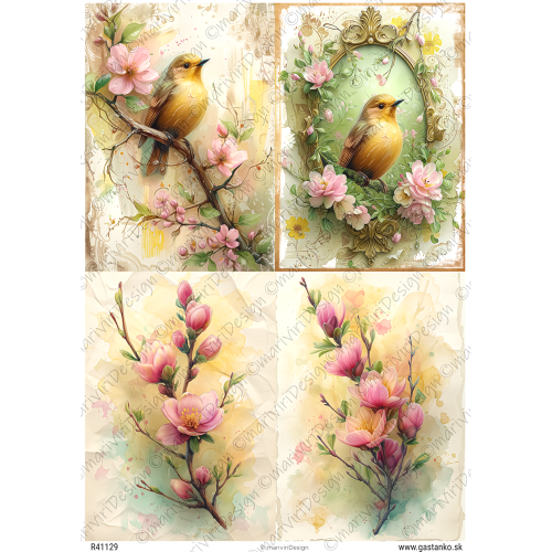 Papier ryżowy format A4 marki mariviriDesign. Zawiera cztery niezwykle malarskie ilustracje z ptaszkiem i gałązkami kwitnącej na różowo magnolii. Idealny do decoupage i projektów DIY. Kod wzoru R41129.