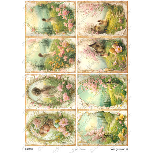 Papier ryżowy format A4 marki mariviriDesign. Zawiera osiem romantycznych ilustracje przedstawiających dziewczynę na tle pejzażu i kwiatów. Idealny do decoupage i projektów DIY. Kod wzoru R41130.