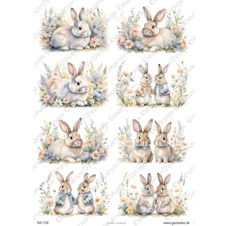 Papier ryżowy format A4 marki mariviriDesign. Zawiera 8 motywów z puchatymi zajączkami wśród kwiatów. Jasna, pastelowa kolorystyka. Idealny do decoupage i projektów DIY. Kod wzoru R41139.