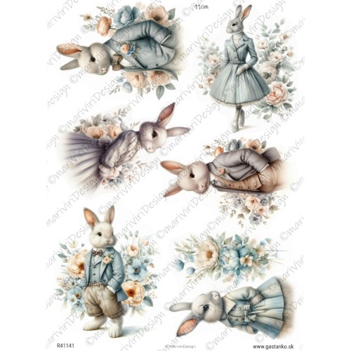 Papier ryżowy format A4 marki mariviriDesign. Zawiera 6 motywó z Panią zając w sukni i Panem Zającem w garniturze. Zające na tle kwiatów.  Idealny do decoupage i projektów DIY. Kod wzoru R41141.