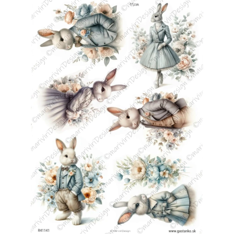 Papier ryżowy format A4 marki mariviriDesign. Zawiera 6 motywó z Panią zając w sukni i Panem Zającem w garniturze. Zające na tle kwiatów.  Idealny do decoupage i projektów DIY. Kod wzoru R41141.