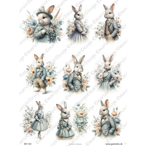 Papier ryżowy format A4 marki mariviriDesign. Zawiera 9 ilustracji z panią i panem zającem w eleganckich strojach, suknia i garnitur. Zające na tle kwiatów.  Idealny do decoupage i projektów DIY. Kod wzoru R41143.