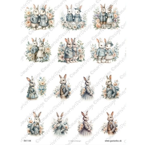 Papier ryżowy ©mariviriDesign A4 - Pani i Pan Zając w stylowych ubiorach, 14 motywów