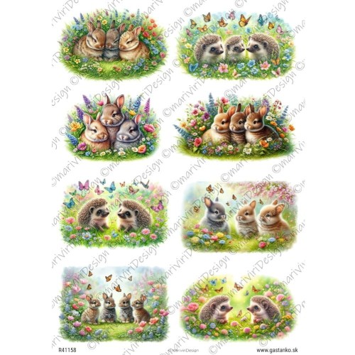 Papier ryżowy ©mariviriDesign A4 - zajączki i jeże, 8 wiosennych motywów