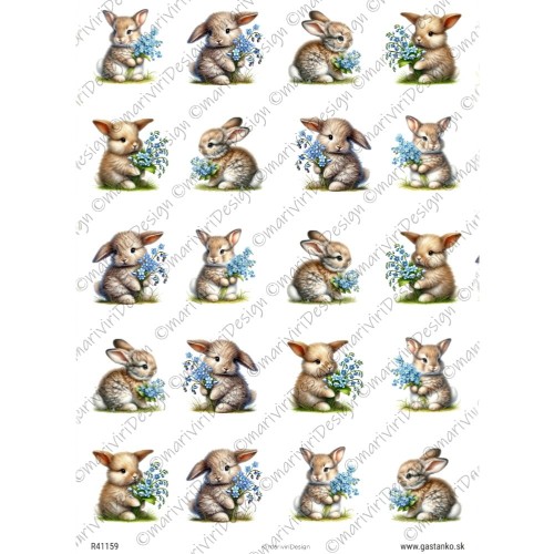 Papier ryżowy format A4 marki mariviriDesign. Zawiera 20 motywów z malutkim zajączkiem trzymającym drobne, niebieskie kwiatuszki.  Idealny do decoupage i projektów DIY. Kod wzoru R41159.