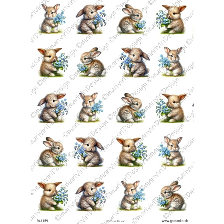 Papier ryżowy format A4 marki mariviriDesign. Zawiera 20 motywów z malutkim zajączkiem trzymającym drobne, niebieskie kwiatuszki.  Idealny do decoupage i projektów DIY. Kod wzoru R41159.
