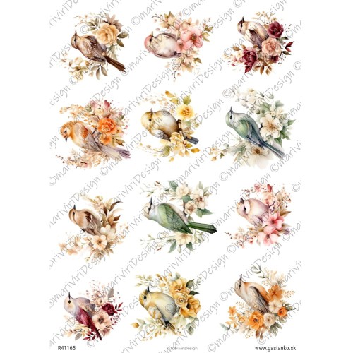 Papier ryżowy format A4 marki mariviriDesign. Zawiera 12 motywów z ptaszkami siedzącymi na  bogato kwitnących gałązkach. Idealny do decoupage i projektów DIY. Kod wzoru R41163.