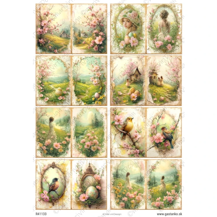 Papier ryżowy format A4 marki mariviriDesign. Zawiera szesnaście ilustracji przedstawiających motywy wiosenne: kwiaty, widoki, pisanki, ptaki. Kolorystyka z przewagą soczystej zieleni i różu.  Idealny do decoupage i projektów DIY. Kod wzoru R41133.