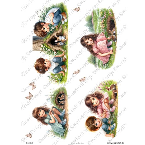 Papier ryżowy format A4 marki mariviriDesign. Zawiera cztery motywy z dziewczynką i chłopcem oraz małymi zajączki.  Idealny do decoupage i projektów DIY. Kod wzoru R41135.