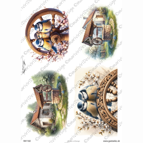 Papier ryżowy ©mariviriDesign A4 -  domek, studnia, sikorki