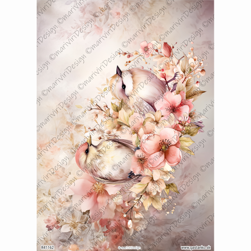 Papier ryżowy format A4 marki mariviriDesign. Zawiera ilustrację w pastelowym, akwarelowym klimacie z dwoma ptaszkami siedzącymi na kwitnącej gałązce jabłoni. Całość w odcieniach przydymionego różu. Idealny do decoupage i projektów DIY. Kod wzoru R41162.