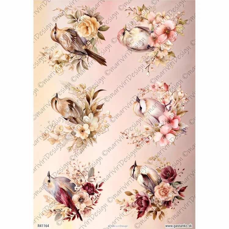 Papier ryżowy format A4 marki mariviriDesign. Zawiera 6 pastelowych motywów z ptaszkami siedzącymi na  bogato kwitnących gałązkach. Idealny do decoupage i projektów DIY. Kod wzoru R41164.