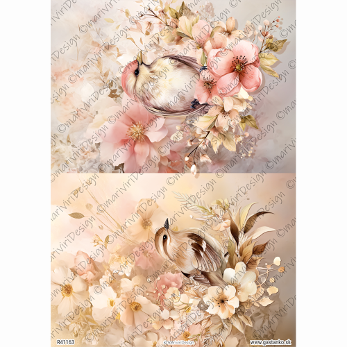 Papier ryżowy format A4 marki mariviriDesign. Zawiera 2 malownicze ilustracje z ptakami otoczonymi pastelowymi kwiatami. Idealny do decoupage i projektów DIY. Kod wzoru R41163.