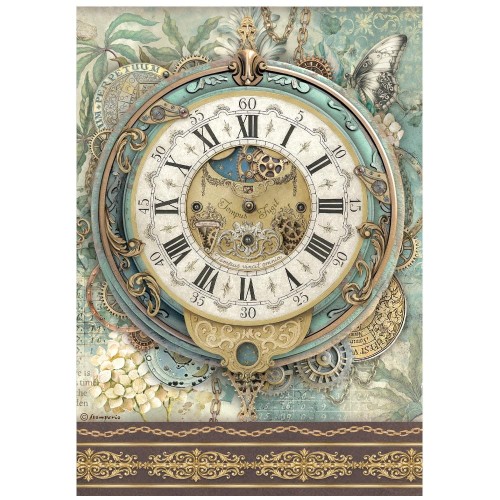 Papier ryżowy Stamperia z kolekcji Gardens of Time. Format A4. Zawiera motyw dużej tarczy zegarowej i mechanizmu. Kod producenta DFSA41114. Idealny do decoupage, mixmedia, projektów handmade i DIY.