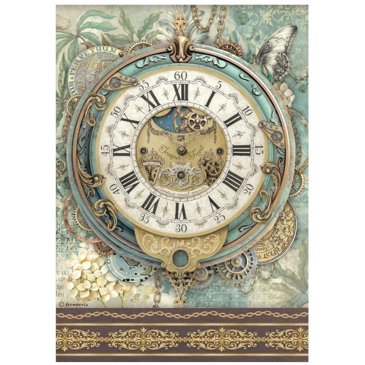 Papier ryżowy Stamperia z kolekcji Gardens of Time. Format A4. Zawiera motyw dużej tarczy zegarowej i mechanizmu. Kod producenta DFSA41114. Idealny do decoupage, mixmedia, projektów handmade i DIY.