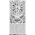 Szablon marki Stamepria z kolekcji Gardens of Time, wymiary 12x25cm. Zawiera wzór zegara, motyla i pisma. Wykonany z giętkiego, elastycznego, przeźroczystego poliestru. Idealny do decoupage,  mixmedia, scrapbookingu. Kod producenta  KSTDL158.