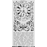Szablon marki Stamepria z kolekcji Gardens of Time, wymiary 12x25cm. Zawiera wzór zegara, motyla i pisma. Wykonany z giętkiego, elastycznego, przeźroczystego poliestru. Idealny do decoupage,  mixmedia, scrapbookingu. Kod producenta  KSTDL158.