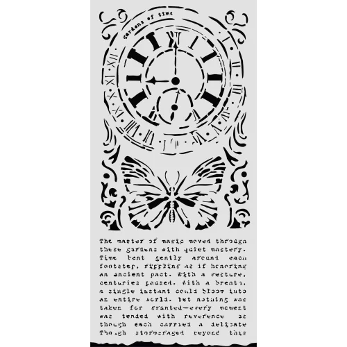 Szablon marki Stamepria z kolekcji Gardens of Time, wymiary 12x25cm. Zawiera wzór zegara, motyla i pisma. Wykonany z giętkiego, elastycznego, przeźroczystego poliestru. Idealny do decoupage,  mixmedia, scrapbookingu. Kod producenta  KSTDL158.