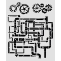 Szablon marki Stamepria z kolekcji Gardens of Time, wymiary 20x25cm. Zawiera motyw zębatek i rur w stylu industrialnym. Wykonany z giętkiego, elastycznego, przeźroczystego poliestru. Idealny do decoupage, mixmedia, scrapbookingu. Kod producenta  KSTD202.