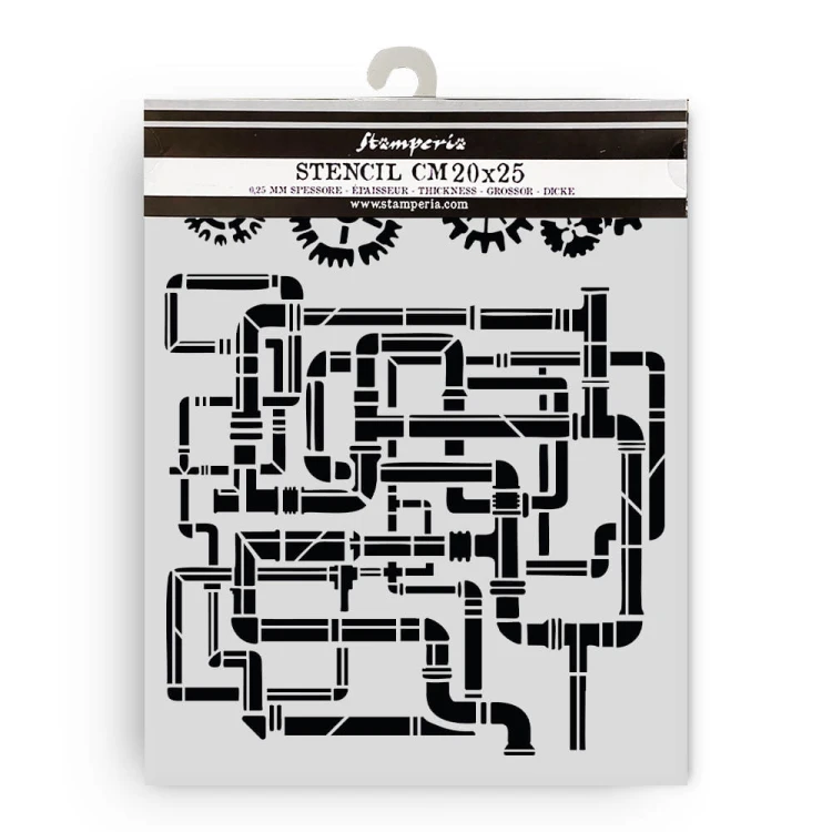 Szablon Stamperia "Garden of Time" 20 x 25 cm - zębatki, industrialne rury