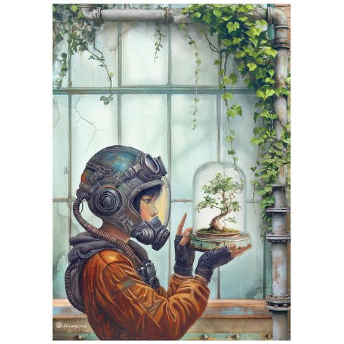 Papier ryżowy Stamperia z kolekcji New Beginning z motywem chłopca w hełmie retro, trzymającego roślinę zamkniętą pod szklanym kloszem. Format A4, kod DFSA41106. Idealny do techniki decoupage oraz projektów mixmedia, handmade i DIY.