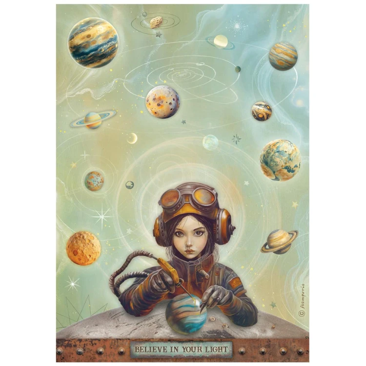 Papier ryżowy Stamperia z kolekcji New Beginning - Twoje Światło, z motywem dziewczynki na tle planet i kosmosu. Format A4, kod DFSA41107. Idealny do techniki decoupage oraz projektów mixmedia, handmade i DIY.