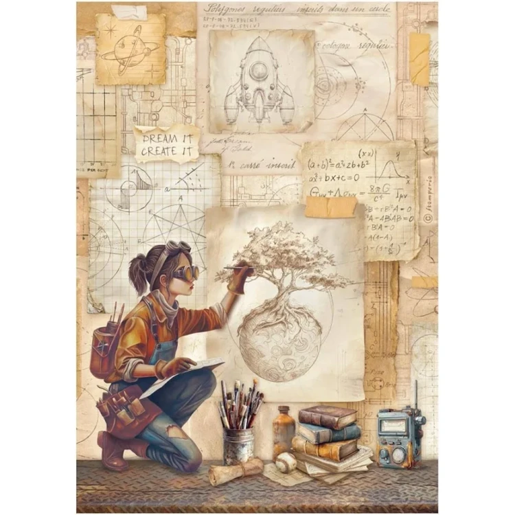 Papier ryżowy Stamperia z kolekcji New Beginning z motywem dziewczynki na tle szkiców i rysunków. Format A4, kod DFSA41105. Idealny do techniki decoupage oraz projektów mixmedia, handmade i DIY.