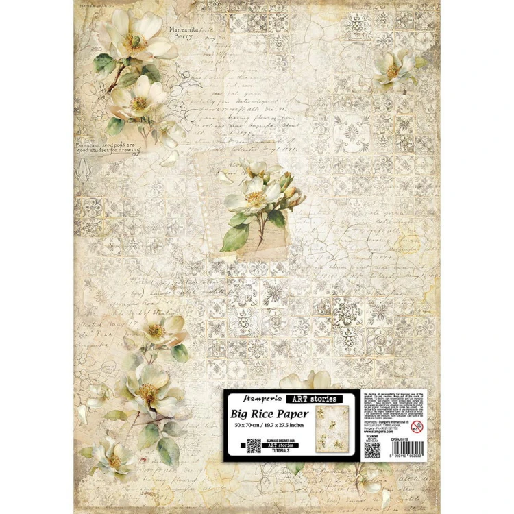 Papier ryżowy Stamperia z motywem kwiatów kamelii na tle dekoracyjnych ornamentów i ręcznych zapisków. Format B2, 50x70 cm, kod  produktu DFSAJB018. Idealny do techniki decoupage oraz projektów mixmedia, handmade i DIY.