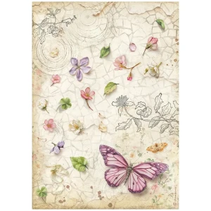 Papier ryżowy A4 Stamperia  All Around DFSA41117 - motyl, kwiatuszki, spękania