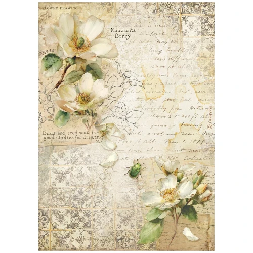 Papier ryżowy A4 Stamperia  All Around DFSA41120 - kamelia na tle tapety vintage