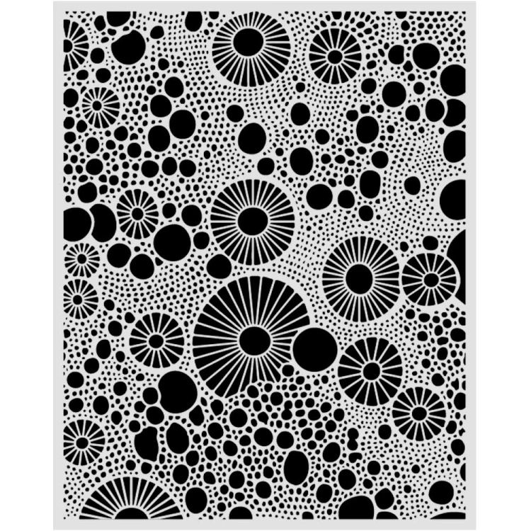 Szablon Stamepria z kolekcji All Around, wymiary 20x25cm. Zawiera ozdobny wzór nieregularnych kół, rozet i kropek. Wykonany z giętkiego, elastycznego, przeźroczystego poliestru. Idealny do decoupage, mixmedia, scrapbookingu. Kod producenta  KSTD206.