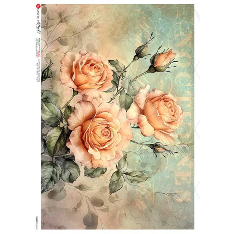 Papier ryżowy włoskiej marki Paper Designs, format A4. Zawiera motyw pięknych herbacianych róż. Kod producenta 0443. Idealny do decoupage i projektów DIY.