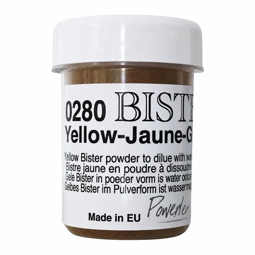 Patyna Bister Yellow - żółty granulat barwiący do uzyskiwania efektów patyny, zacieków i postarzania w technice mixmedia i Powertex. Waga 30g, kod 0280.