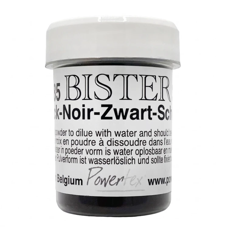 Patyna Bister Black - czarny granulat barwiący do uzyskiwania efektów patyny, zacieków i postarzania w technice mixed media i Powertex. Waga 30g, kod produktu 0285.