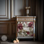 Papier do decoupage Prima Crimson Elegance - zestaw 2 sztuki. Przykład wykorzystania papieru do dekorowania komody.