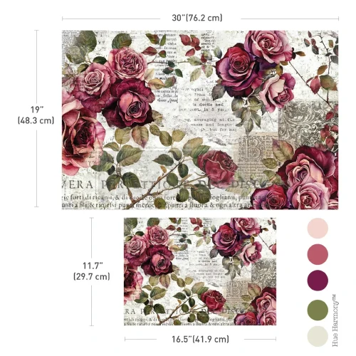 Papier do decoupage marki Prima Crimson Elegance. Zestaw 2 sztuk o wymiarach:  48,3 × 76,2 cm oraz 29,7 × 41,9  cm, dwa uzupełniające się wzory. Do dekorowania mebli, ścian oraz decoupage oraz mixed media. Kod 676506.