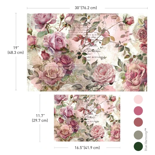 Papier do decoupage marki Prima Dusty Velvet Mauve. Zestaw 2 sztuk o wymiarach:  48,3 × 76,2 cm oraz 29,7 × 41,9  cm, dwa uzupełniające się wzory. Do dekorowania mebli, ścian oraz decoupage oraz mixed media. Kod 676537.