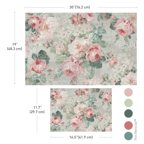 Papier do decoupage marki Prima Pink  Blossom Bliss. Zestaw 2 sztuk o wymiarach:  48,3 × 76,2 cm oraz 29,7 × 41,9 cm, dwa uzupełniające się wzory. Do dekorowania mebli, ścian oraz decoupage oraz mixed media. Kod  676490.