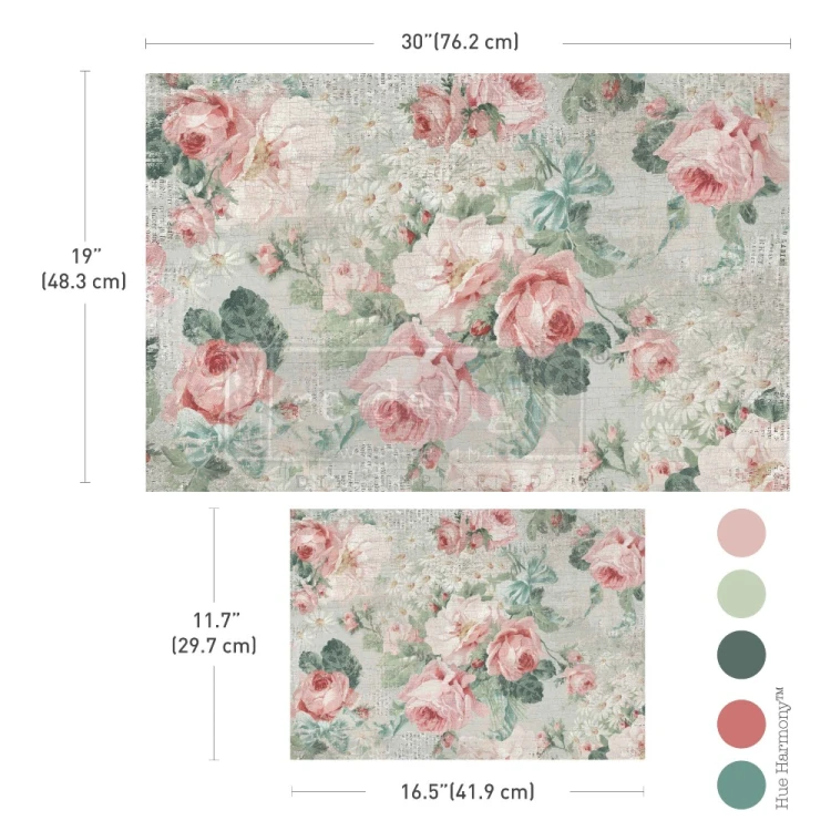 Papier do decoupage marki Prima Pink  Blossom Bliss. Zestaw 2 sztuk o wymiarach:  48,3 × 76,2 cm oraz 29,7 × 41,9 cm, dwa uzupełniające się wzory. Do dekorowania mebli, ścian oraz decoupage oraz mixed media. Kod  676490.
