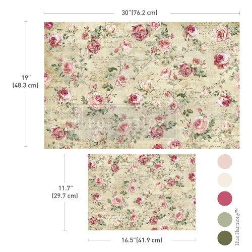 Papier do decoupage marki Prima Timeless Charm. Zestaw 2 arkuszy z motywem różanym o wymiarach:  48,3 × 76,2 cm oraz 29,7 × 41,9 cm, dwa uzupełniające się wzory. Do dekorowania mebli, ścian oraz decoupage oraz mixed media. Kod  676568.