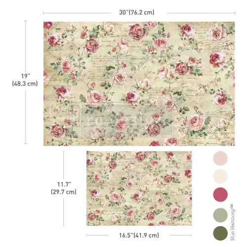 Papier do decoupage marki Prima Timeless Charm. Zestaw 2 arkuszy z motywem różanym o wymiarach:  48,3 × 76,2 cm oraz 29,7 × 41,9 cm, dwa uzupełniające się wzory. Do dekorowania mebli, ścian oraz decoupage oraz mixed media. Kod  676568.